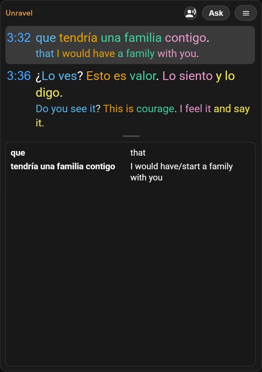 Docked to the right, the real Unravel panel with the Spanish line, its translation and a breakdown.