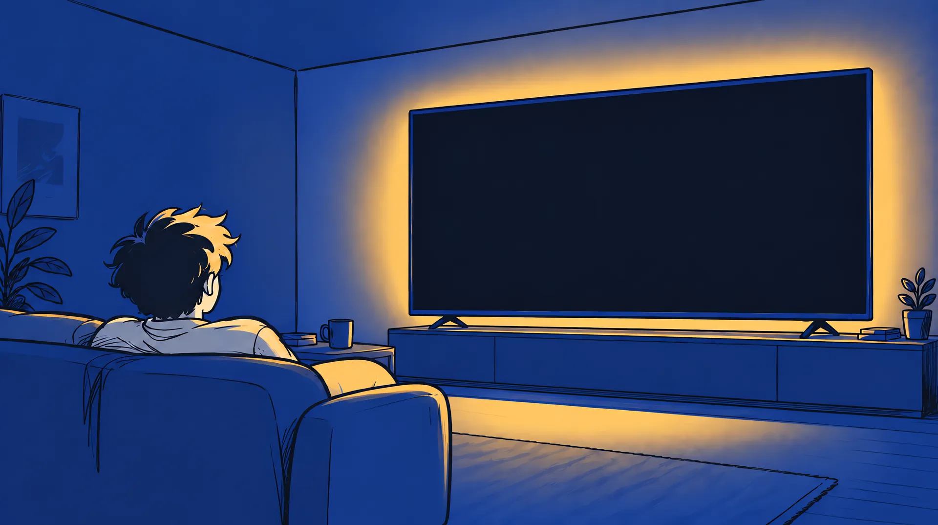 Illustration: a night-blue room, a guy on a couch seen from behind, watching a big TV with a warm yellow glow.